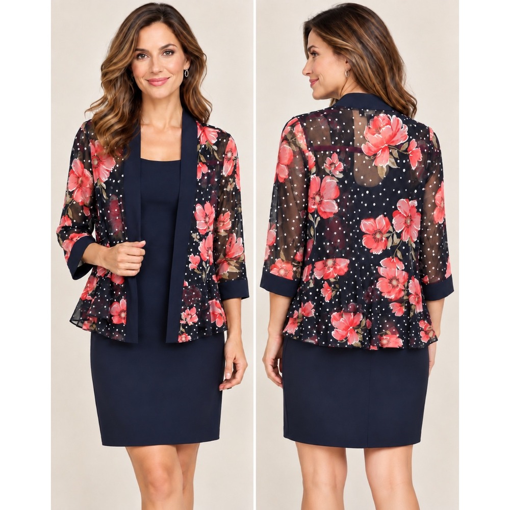 NWT R&M Richards Sheer Floral Polka Dot Kimono Overlay Size 6 Navy Pink